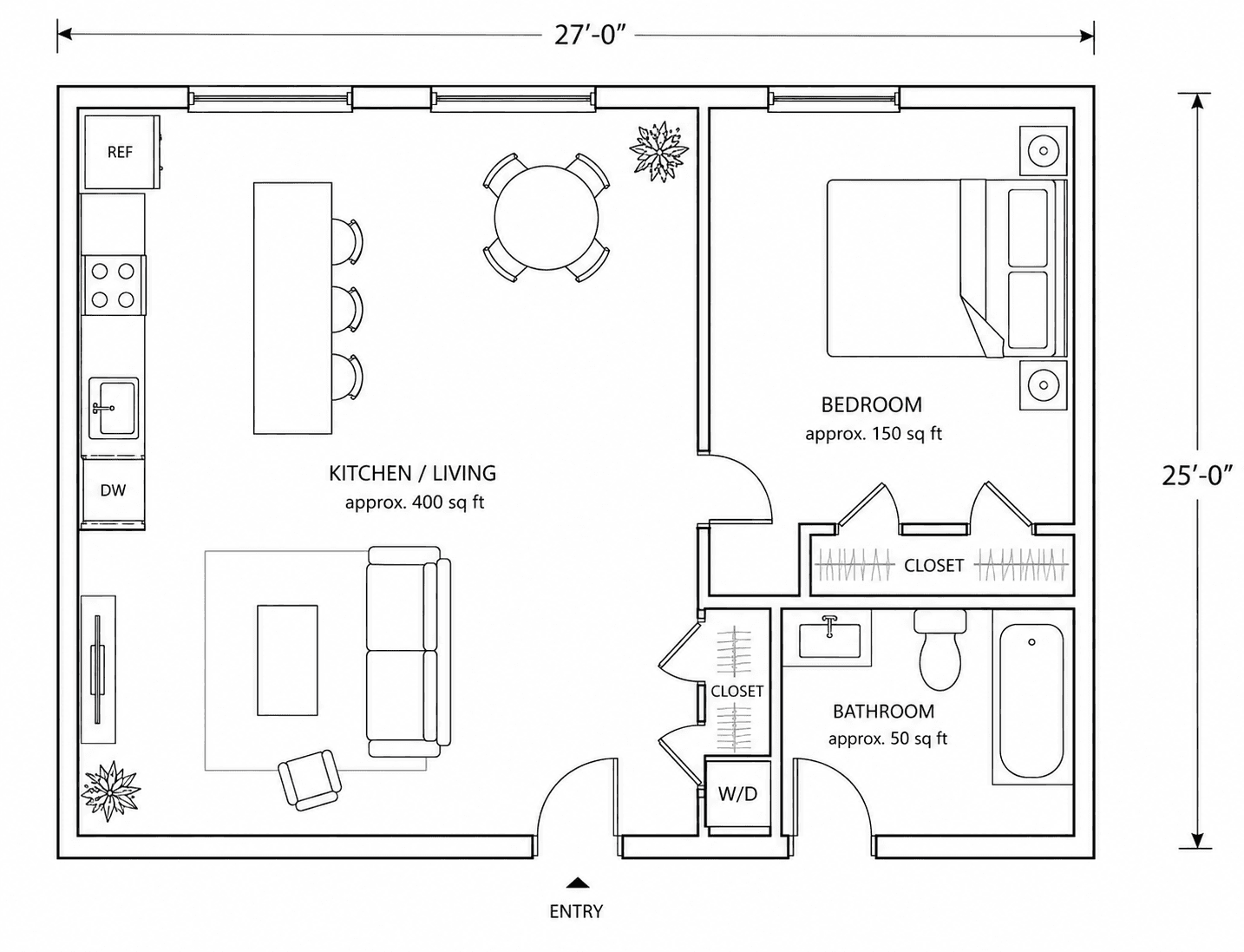 An illustrative floor plan of a generic NYC one-bedroom apartment showing a kitchen/living area, a separate bedroom, and a bathroom, labeled with approximate square footage