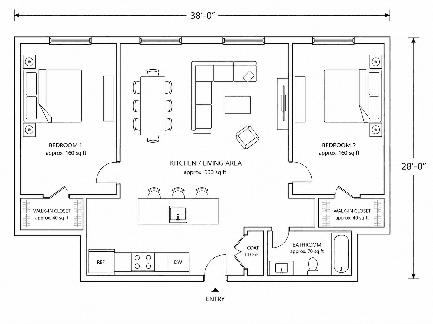 An illustrative floor plan of a generic NYC two-bedroom apartment showing two separate bedrooms, a kitchen/living area, and a bathroom, labeled with approximate square footage