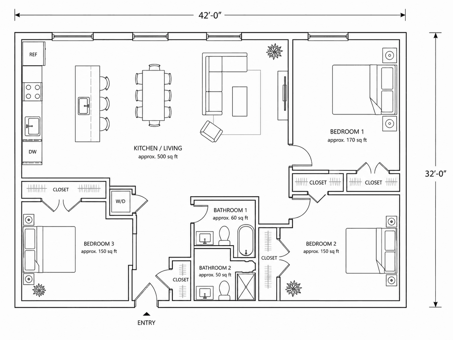 An illustrative floor plan of a generic NYC three-bedroom apartment showing three separate bedrooms, a kitchen/living area, and two bathrooms, labeled with approximate square footage
