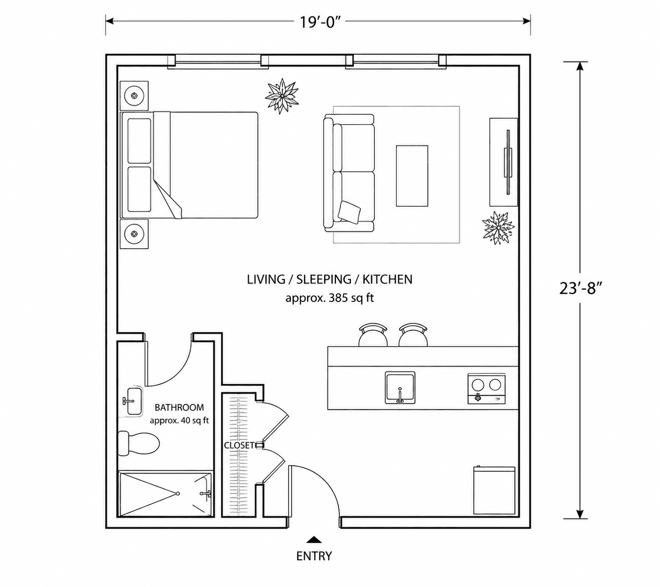 An illustrative floor plan of a generic NYC studio apartment showing the combined living, sleeping, and kitchen area plus a bathroom, labeled with approximate square footage