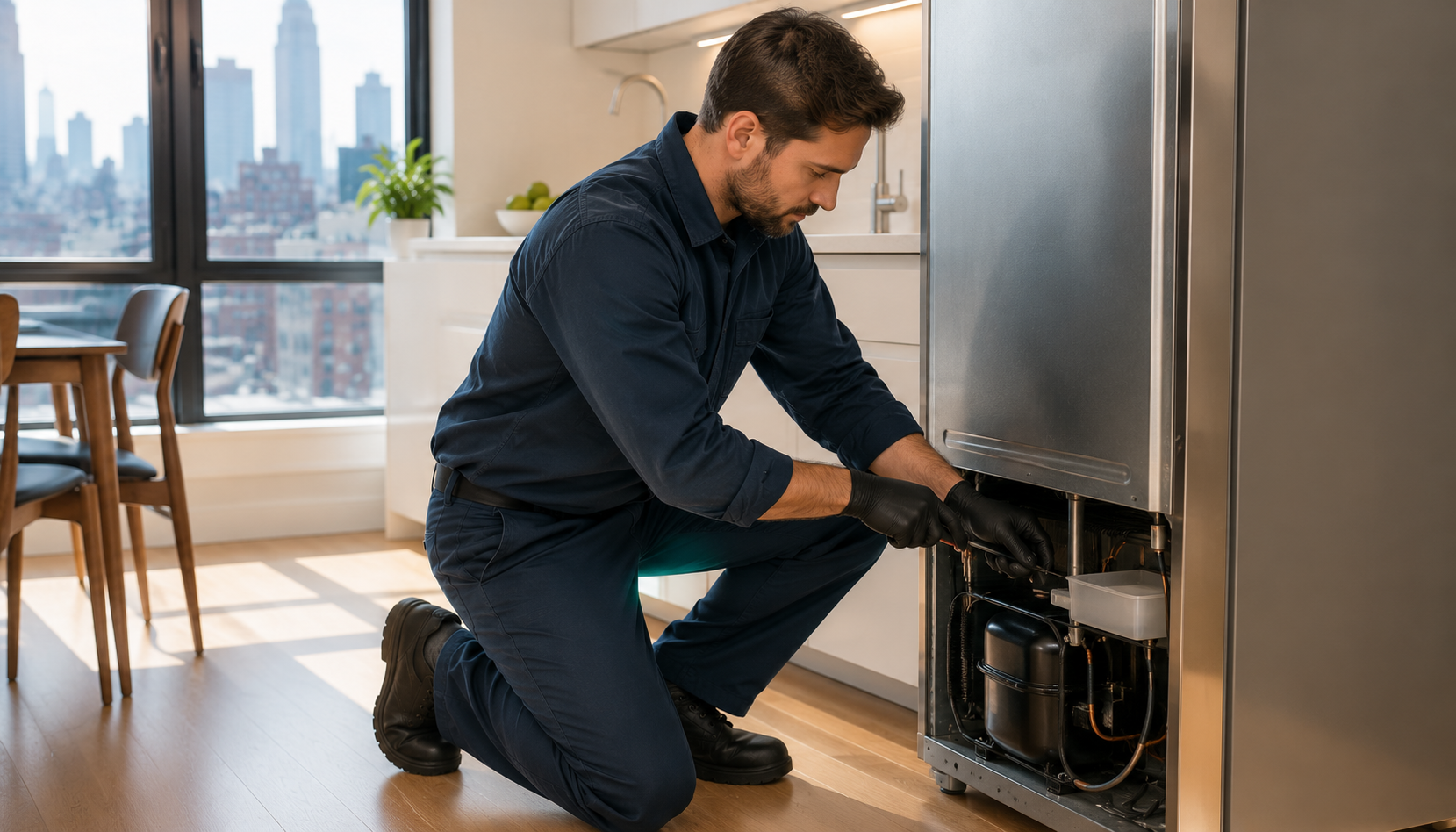 A professional appliance repair technician kneeling to inspect the back panel of a stainless steel refrigerator in a bright NYC apartment kitchen with the city skyline visible through the window