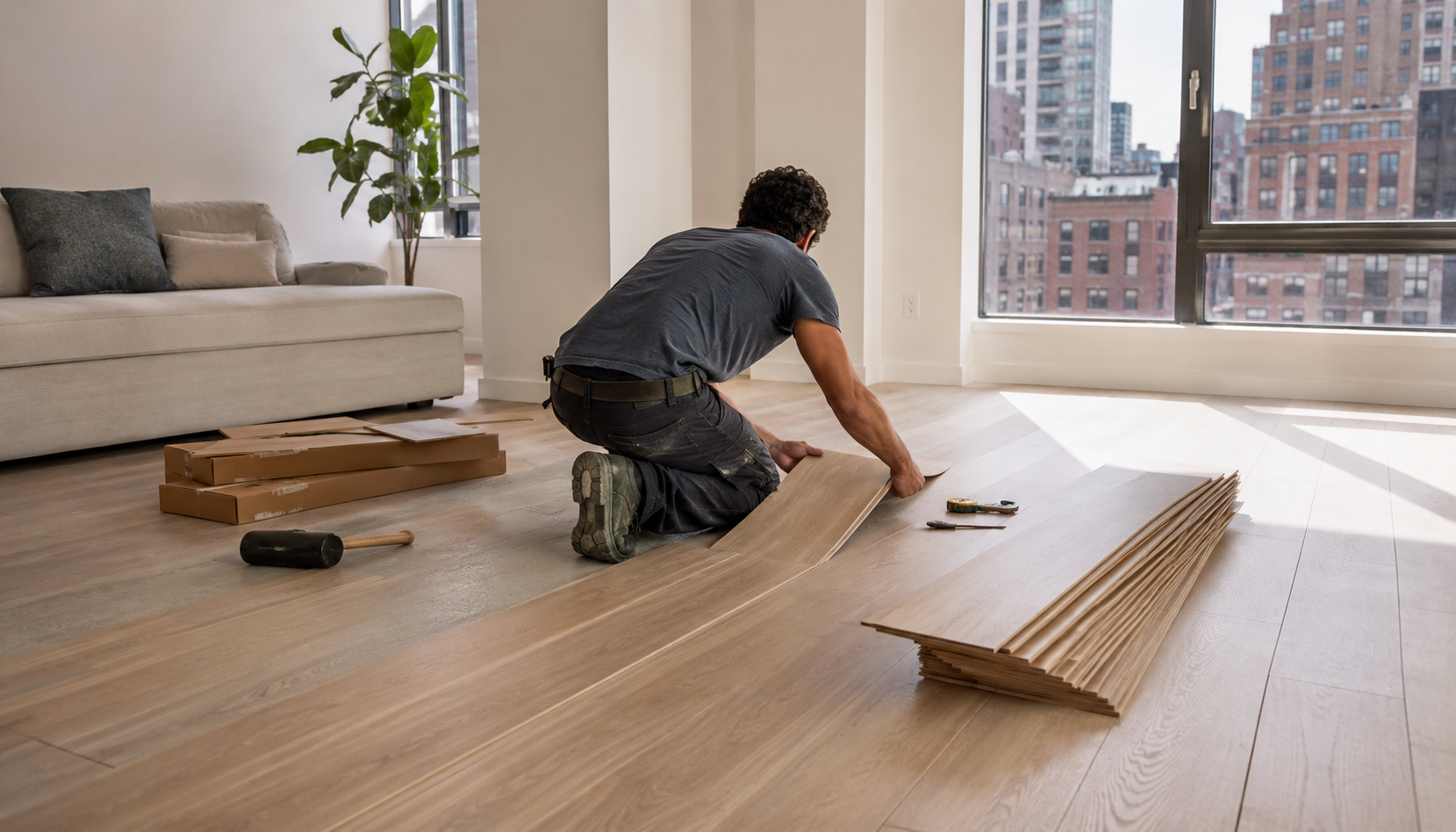 A flooring installer fitting light wood planks in a bright NYC apartment living room, with brownstones and the city skyline visible through the windows