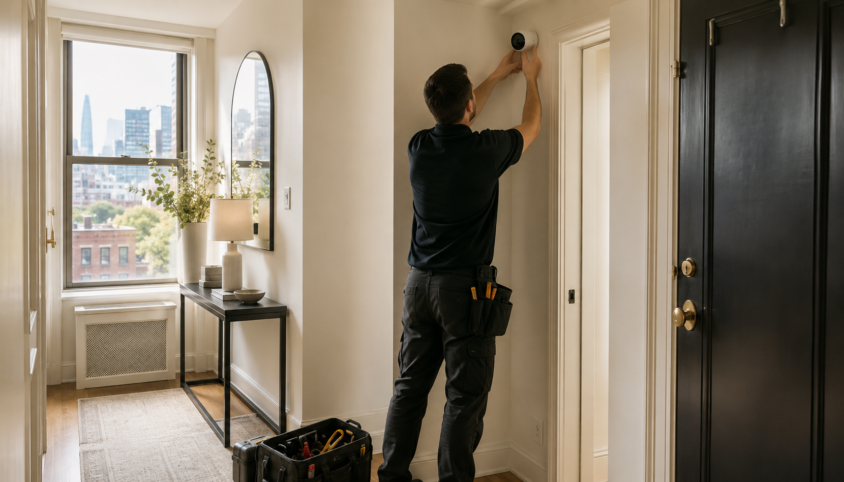 A security system technician mounting a small camera near a doorway in a bright NYC apartment entryway, with the city skyline visible through a window