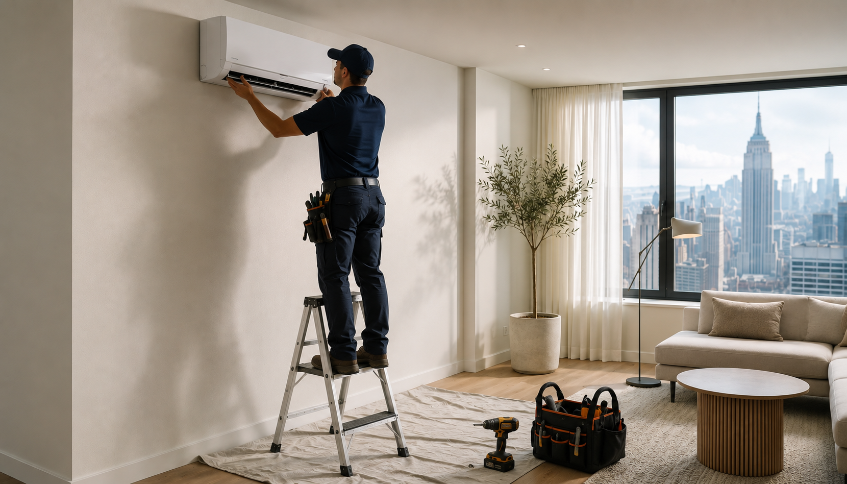 An HVAC technician installing a wall-mounted mini-split unit in a bright NYC apartment, with the city skyline visible through the window