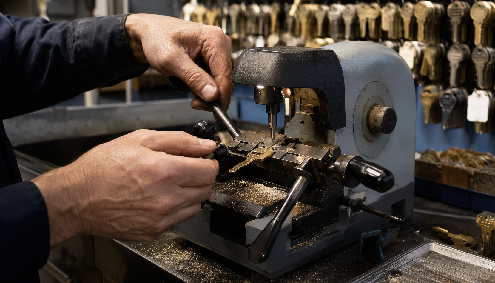 A locksmith cutting a new key on a key-cutting machine, with keys hanging on a pegboard behind