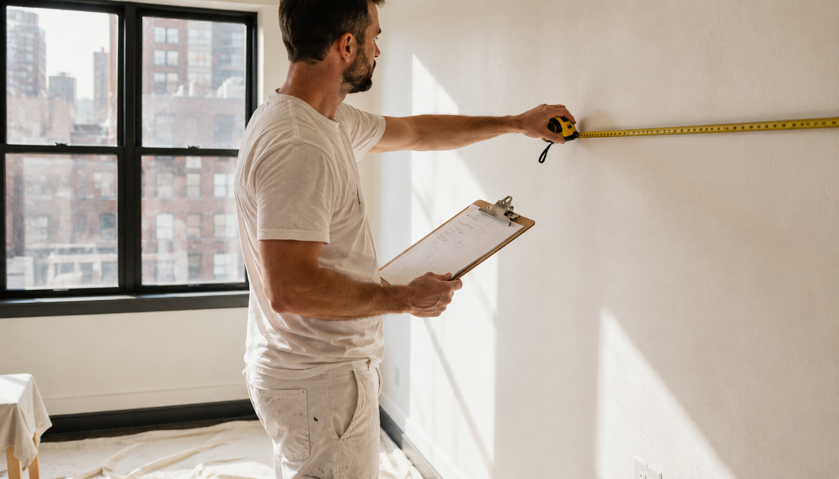 A professional painter measuring a wall with a tape measure while holding a clipboard with a written estimate, in a bright NYC apartment with the city skyline visible through the window