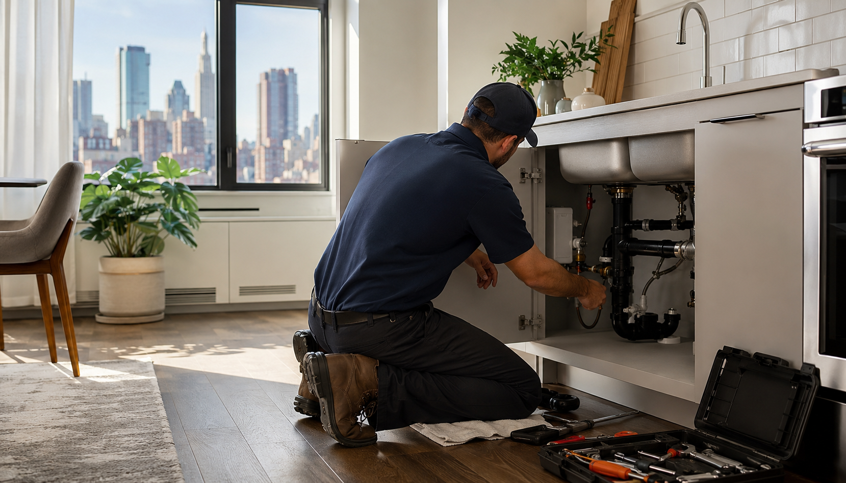 A plumber kneeling to inspect pipes under a kitchen sink in a bright NYC apartment, with the city skyline visible through the window