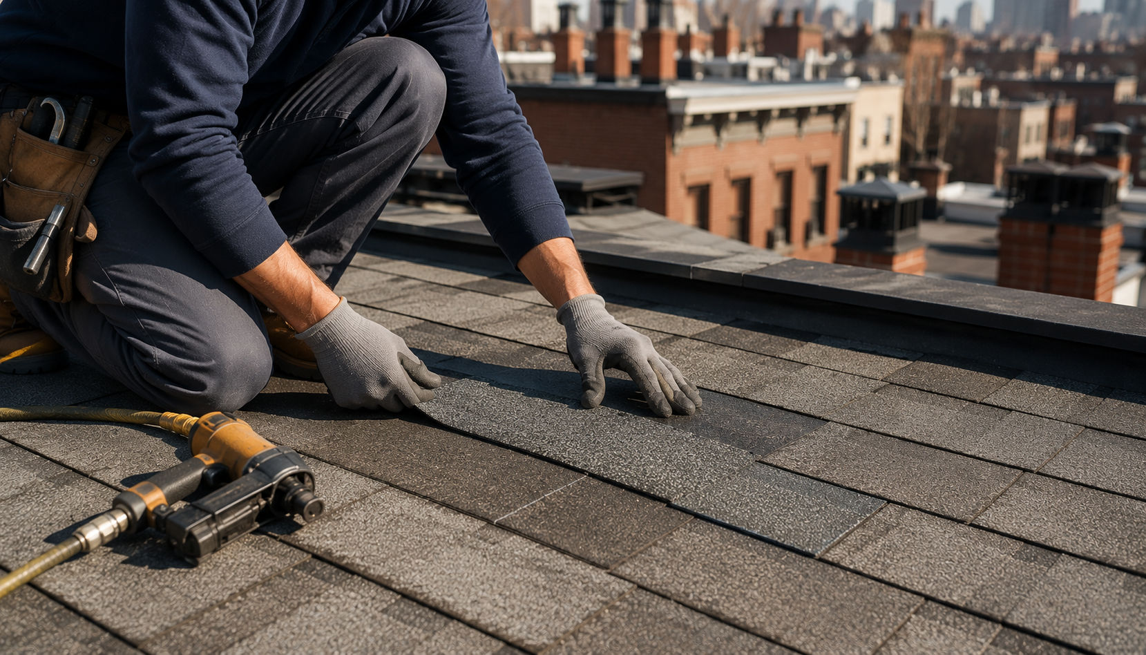 A roofer's hands installing a shingle on an otherwise intact NYC rooftop, a small contained repair