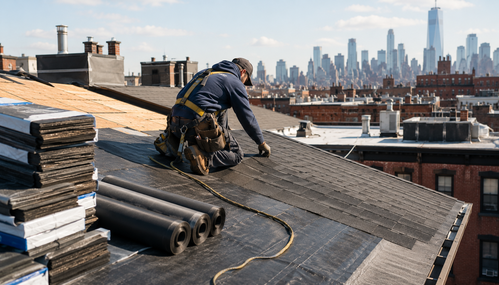 A roofer mid-project on an NYC rooftop with stacked shingle bundles and underlayment rolls, a full tear-off and replacement in progress