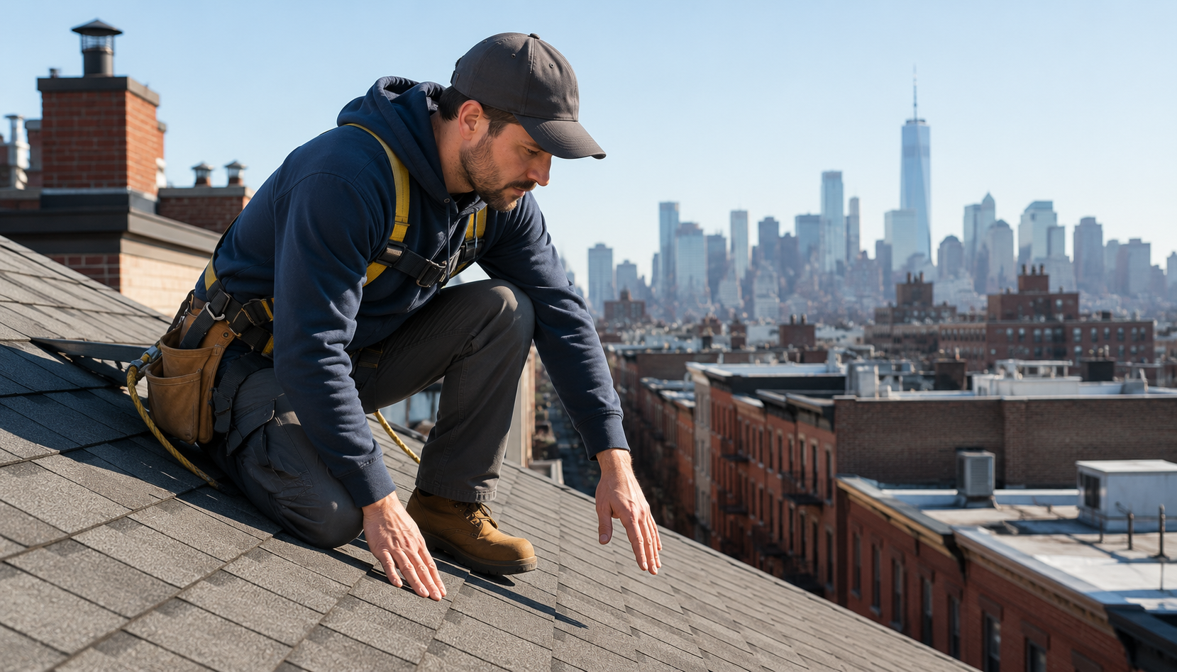 A roofing professional in a safety harness kneeling on a pitched asphalt shingle roof inspecting the shingles, with NYC brownstone rooftops and the Manhattan skyline visible behind him