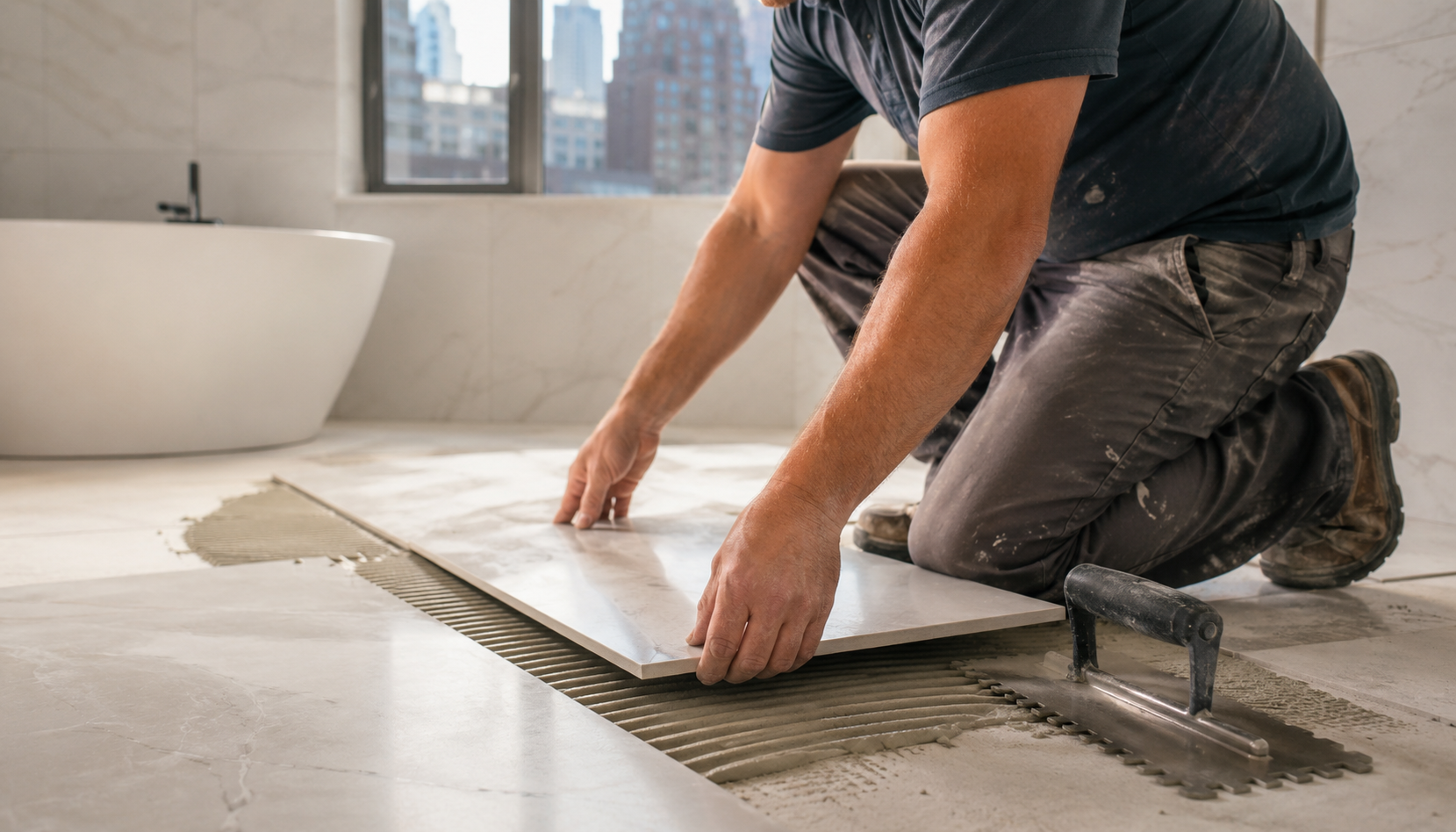 A tile installer setting a large porcelain floor tile with a notched trowel in a bright NYC bathroom, city buildings visible through the window