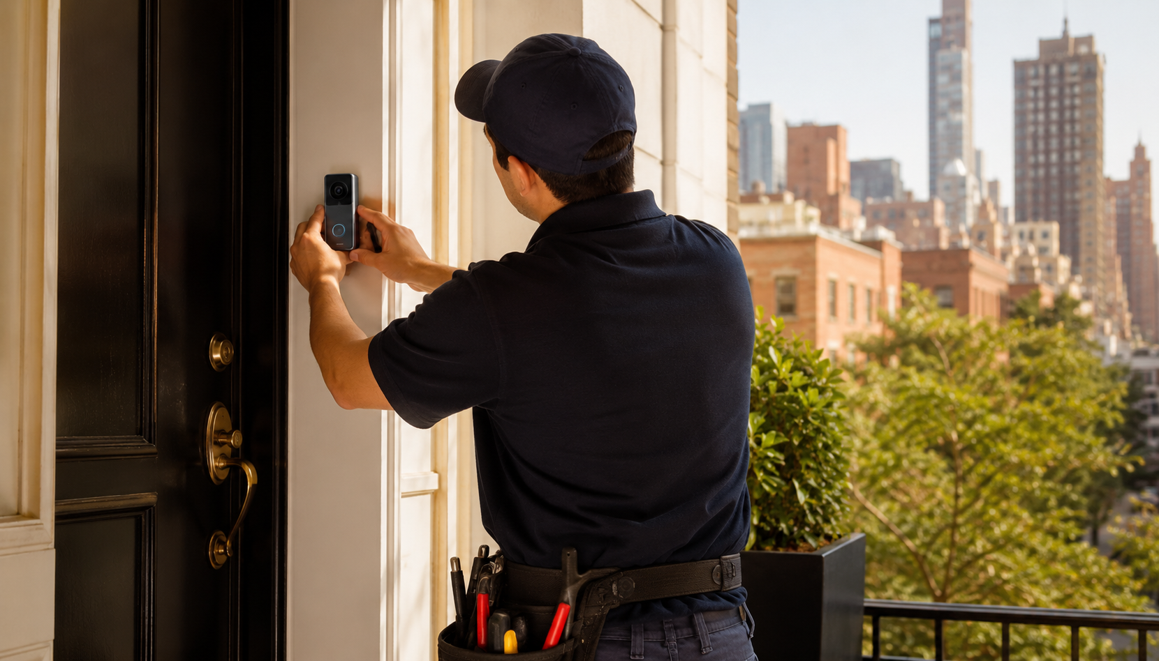 A technician mounting a video doorbell camera on the door frame of a NYC townhouse, seen from behind, with the city skyline visible in the background